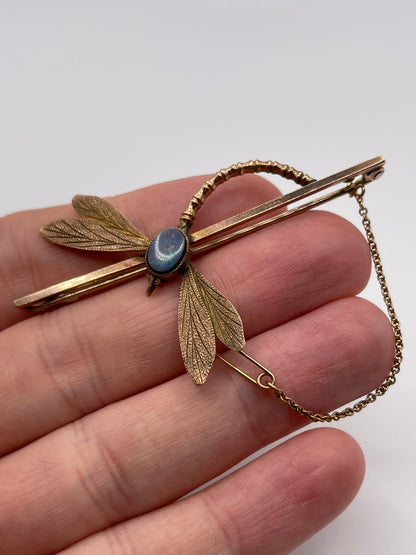 Antique 9ct rose gold opal dragonfly brooch