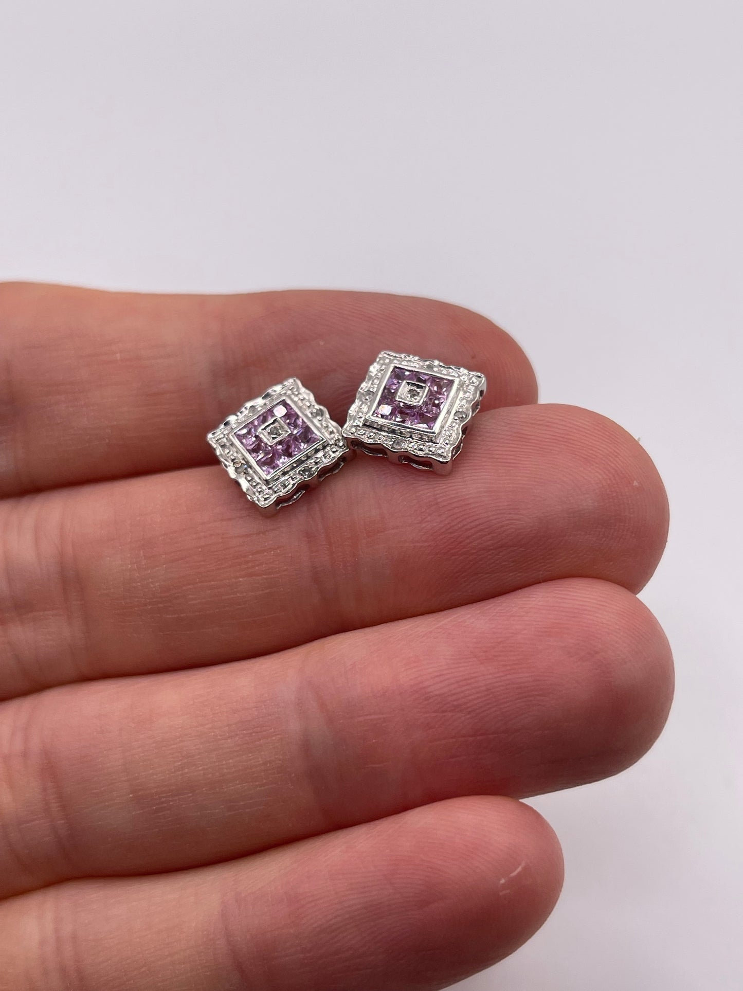 9ct white gold pink sapphire and diamond earrings