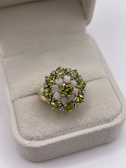 9ct gold peridot, opal and diamond ring