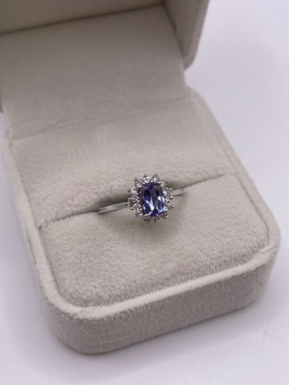 9ct white gold tanzanite and zircon ring