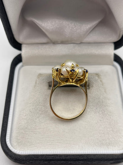 Heavy 9ct gold pearl and sapphire ring