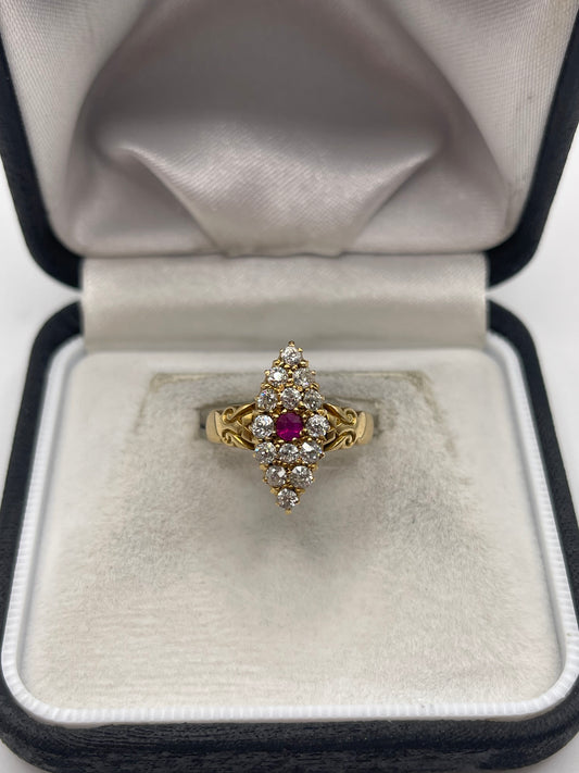 Antique 18ct gold ruby and diamond navette ring