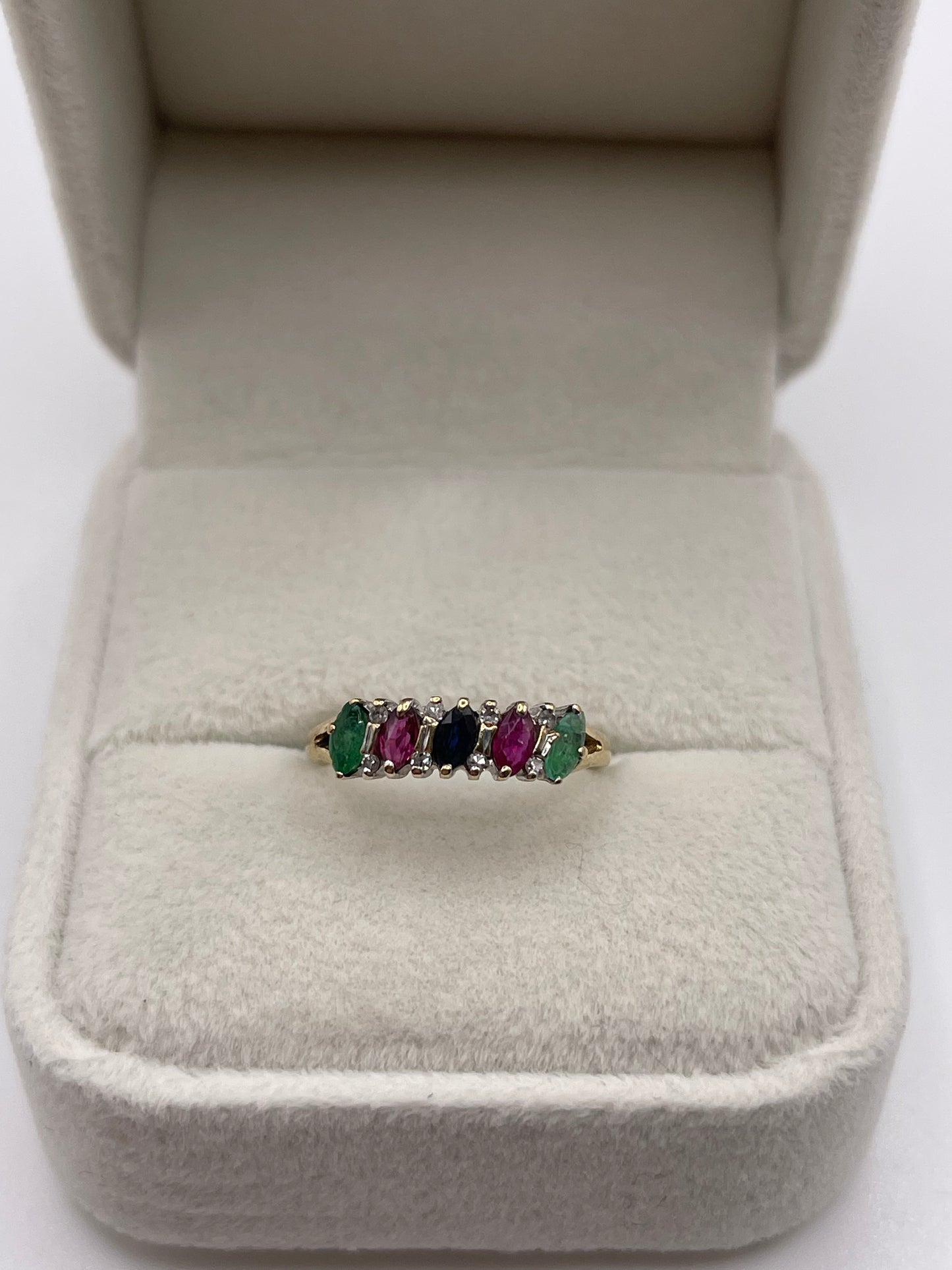 9ct gold sapphire, ruby, emerald and diamond ring