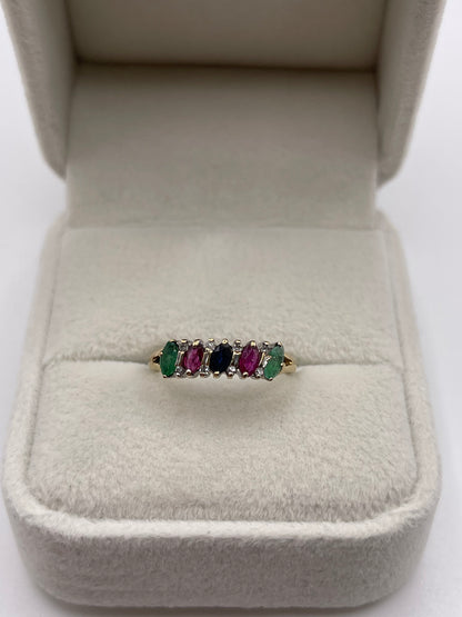 9ct gold sapphire, ruby, emerald and diamond ring