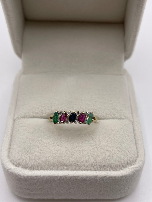 9ct gold sapphire, ruby, emerald and diamond ring