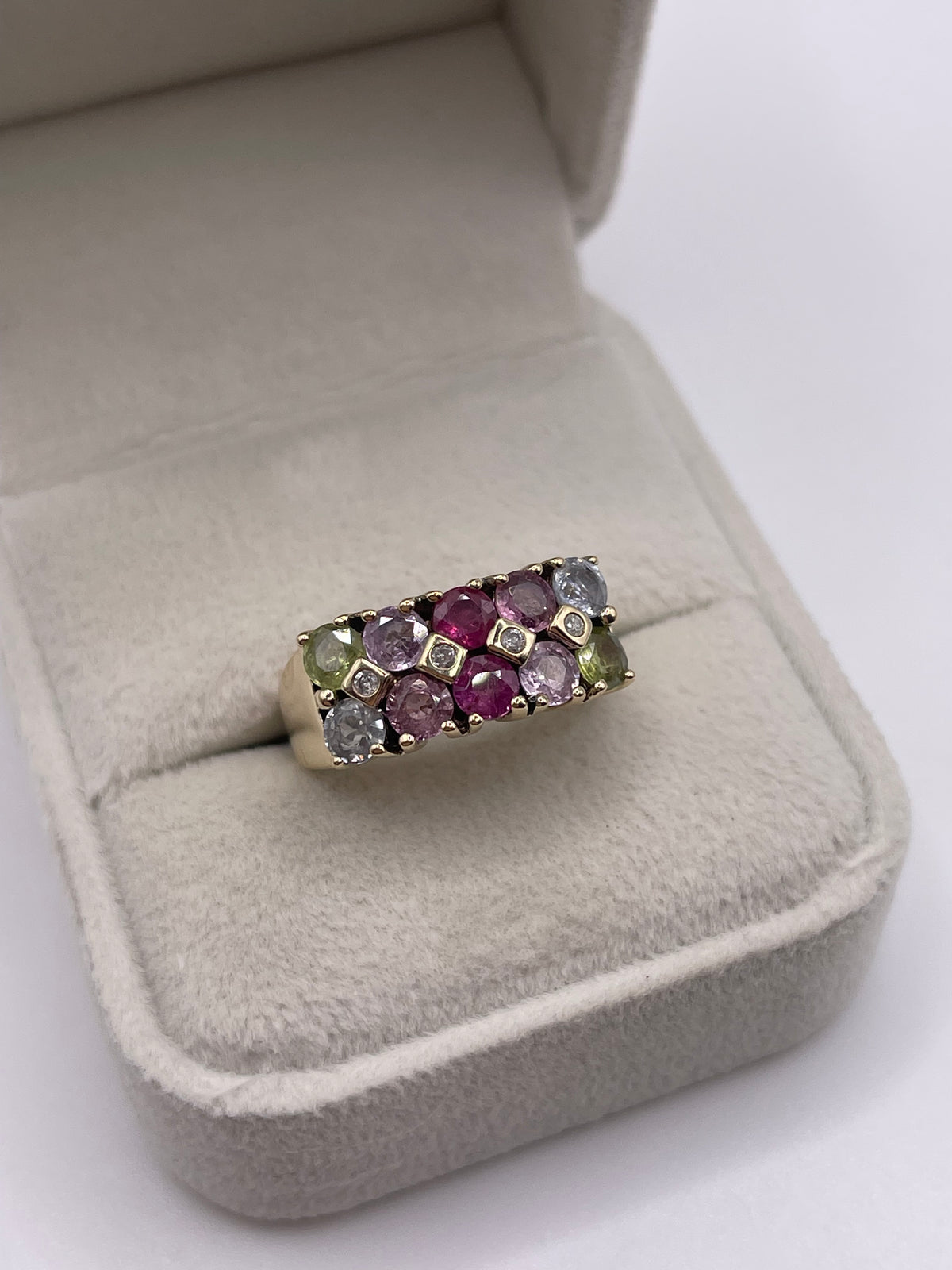 9ct gold multi coloured sapphire and diamond ring