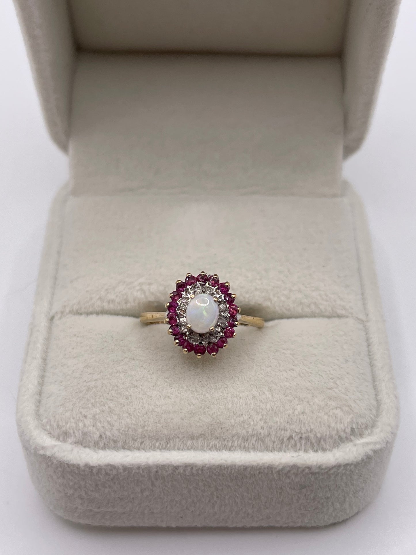 9ct gold opal, ruby and diamond ring