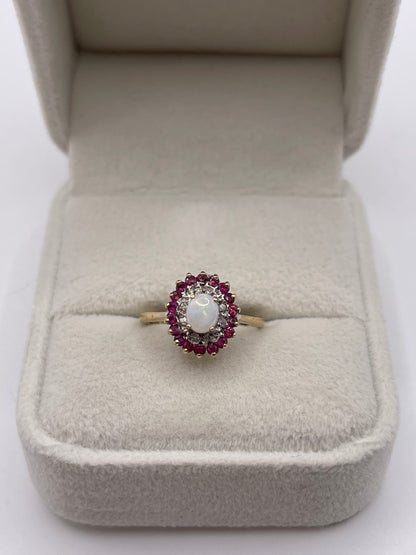 9ct gold opal, ruby and diamond ring
