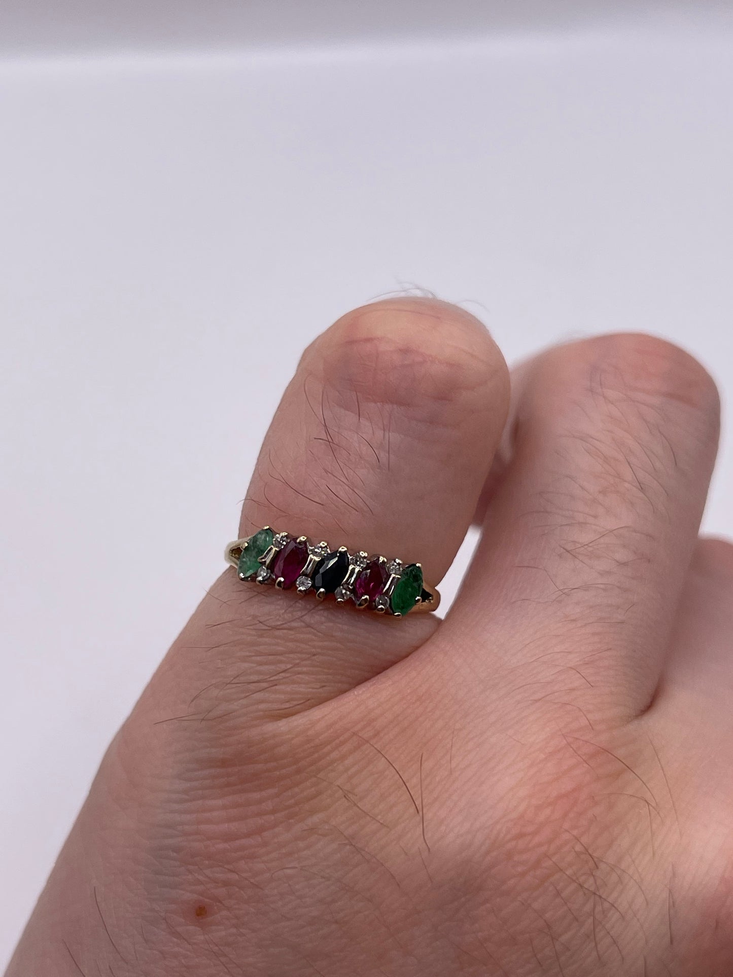 9ct gold sapphire, ruby, emerald and diamond ring