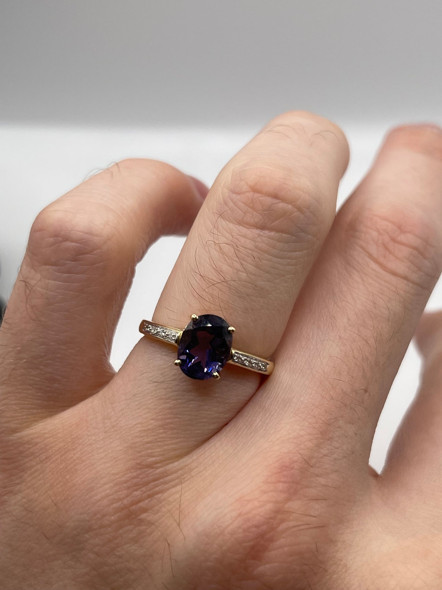 9ct gold iolite and diamond ring