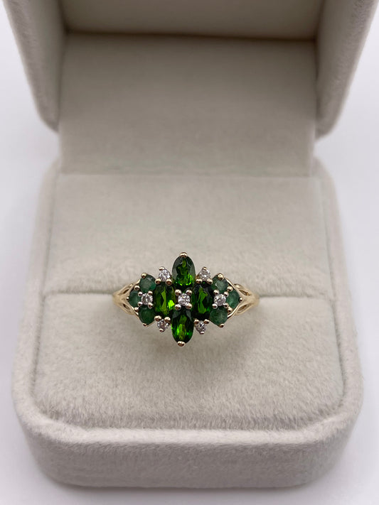 9ct gold diopside, emerald and diamond ring