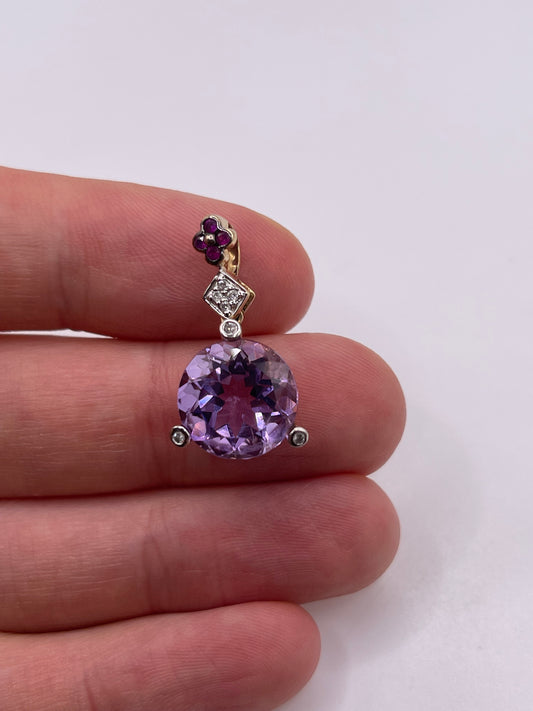 9ct gold amethyst, ruby and diamond pendant