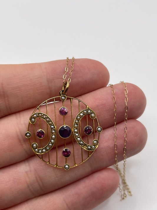 Antique 9ct gold amethyst and pearl necklace