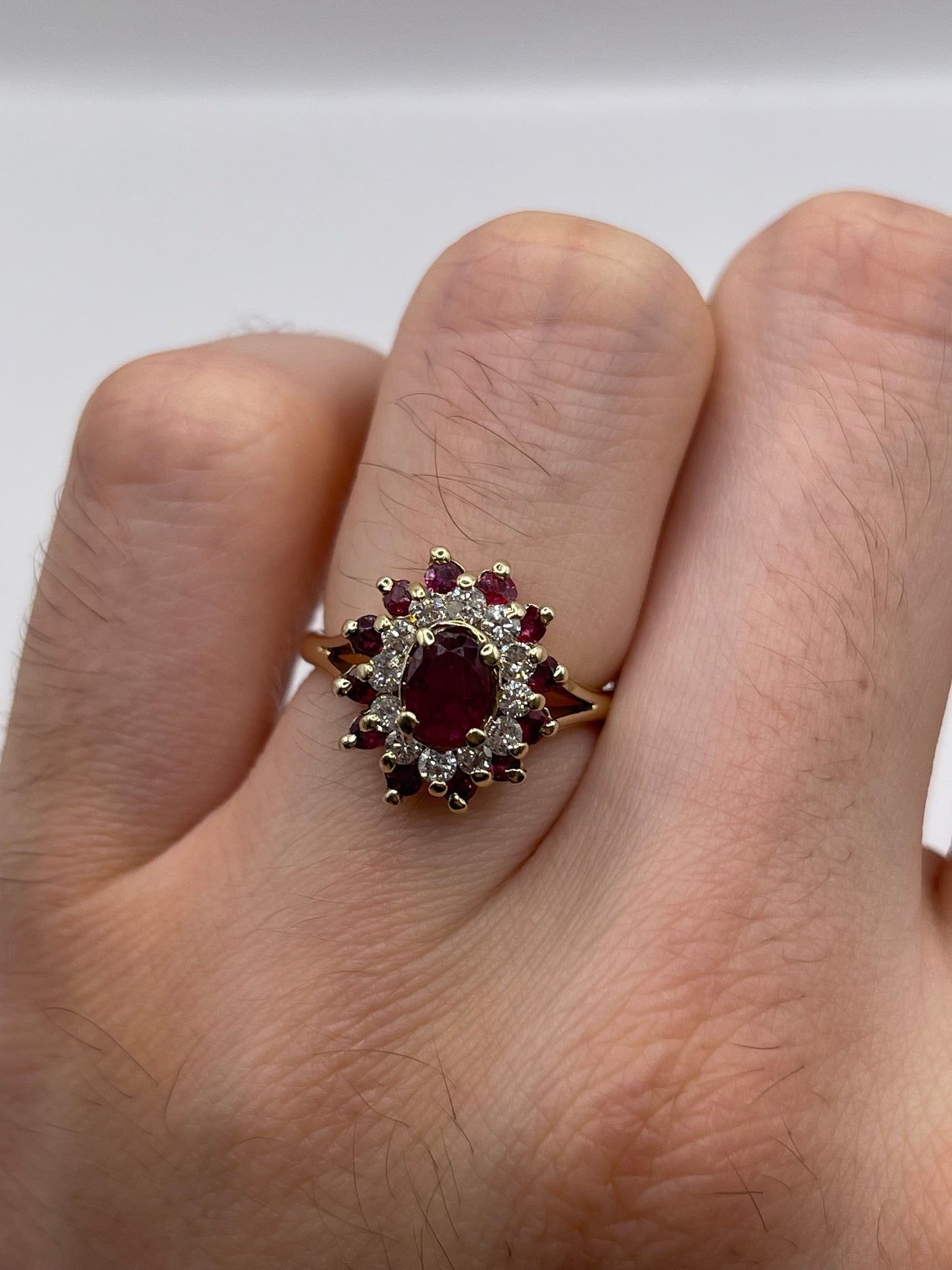 9ct gold ruby and diamond cluster ring