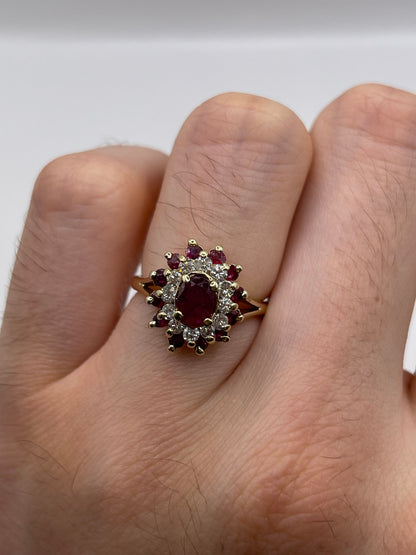 9ct gold ruby and diamond cluster ring