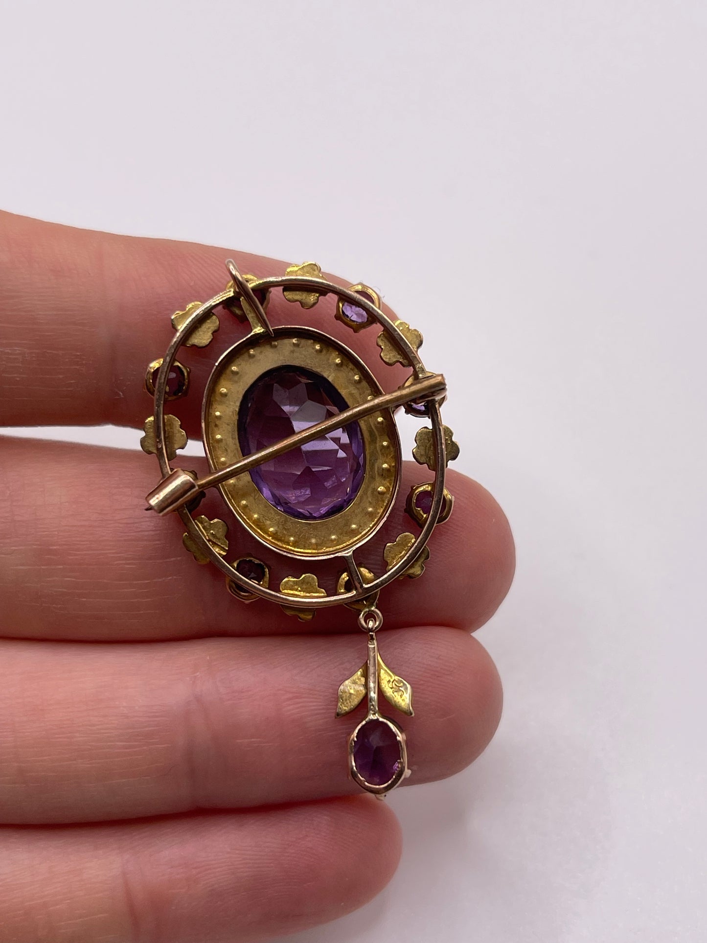 Antique 9ct gold amethyst and pearl pendant