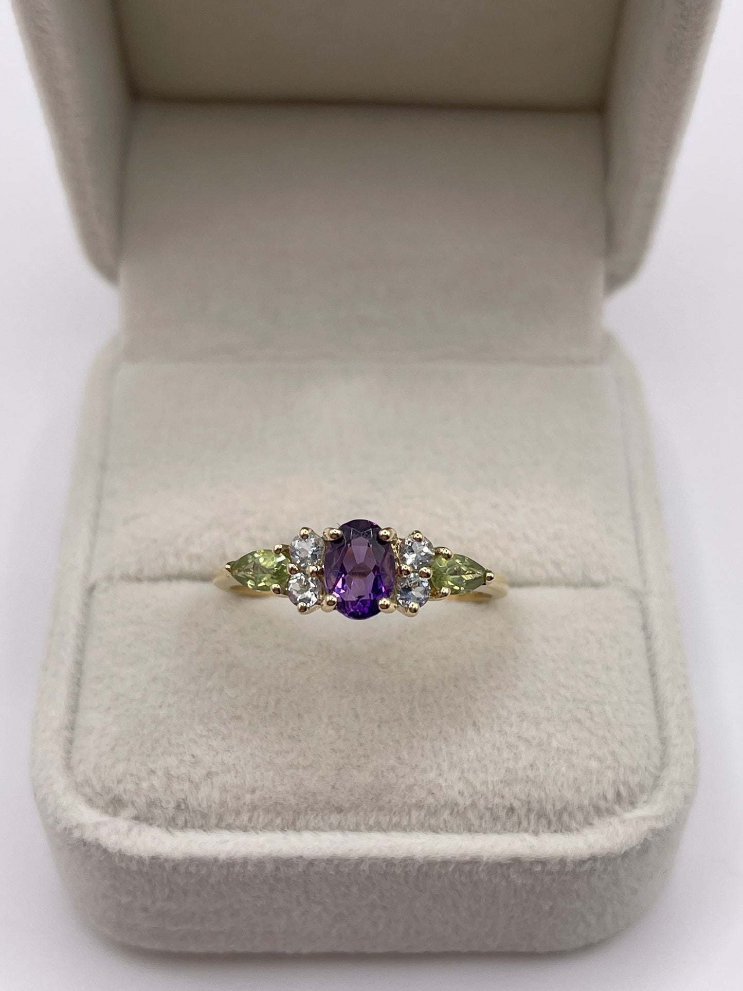 9ct gold amethyst, topaz and peridot ring