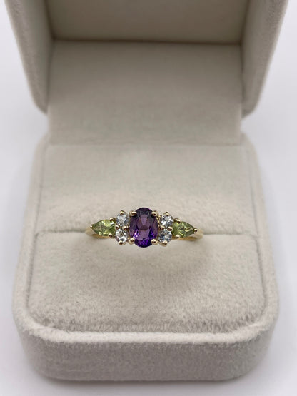 9ct gold amethyst, topaz and peridot ring