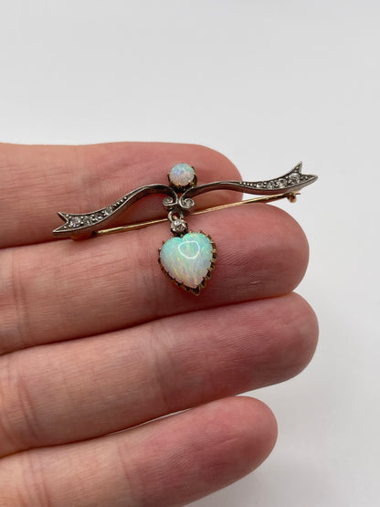 Antique 9ct gold opal and diamond brooch