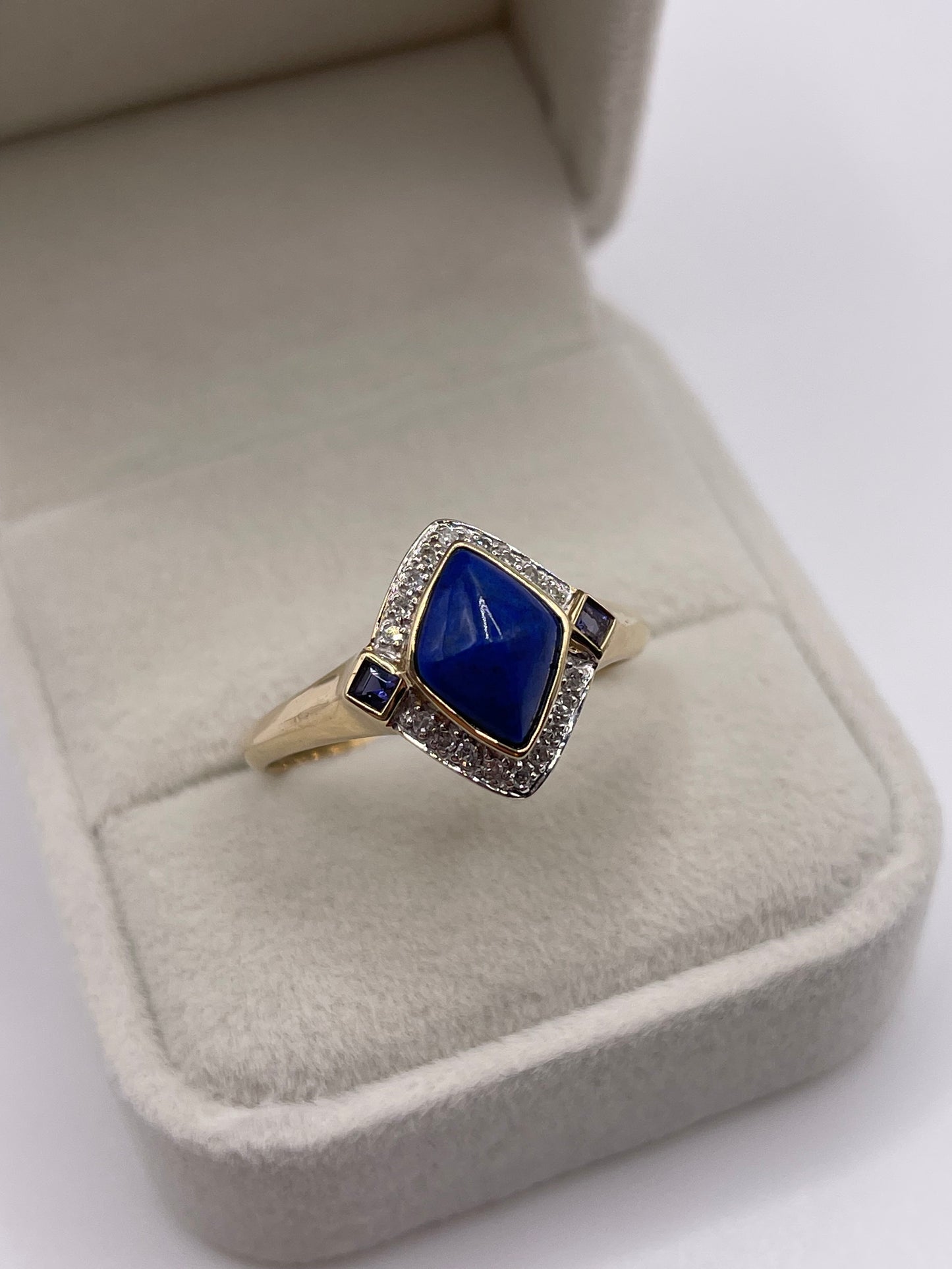9ct gold lapis lazuli, iolite and diamond ring