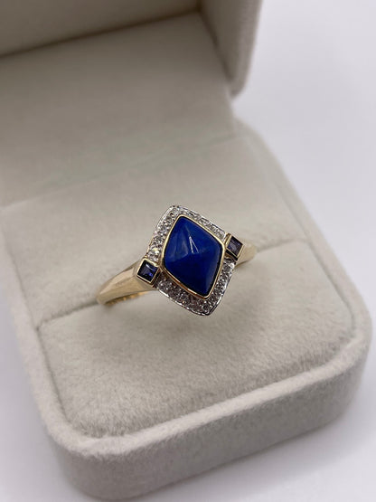 9ct gold lapis lazuli, iolite and diamond ring