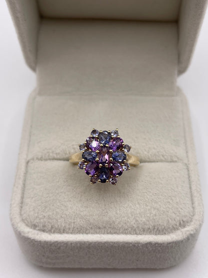 9ct gold amethyst, iolite and tanzanite ring