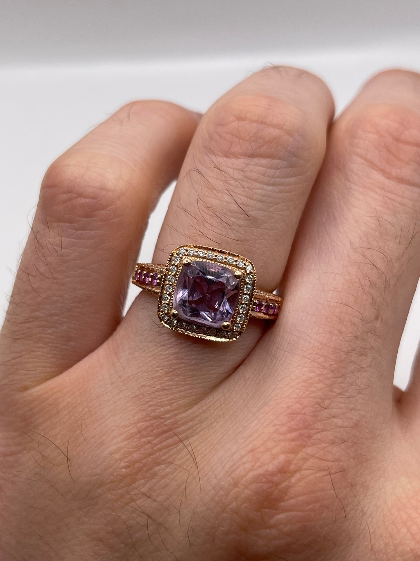 LeVian 14ct rose gold amethyst, ruby and diamond ring