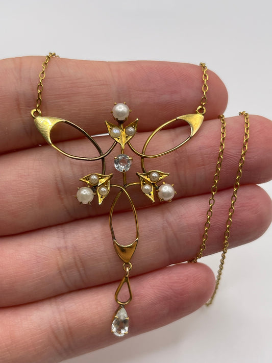 Antique 9ct gold aquamarine and pearl necklace