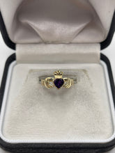 Load image into Gallery viewer, 9ct gold amethyst claddagh ring
