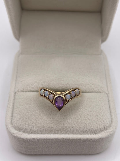 9ct gold amethyst and opal wishbone ring
