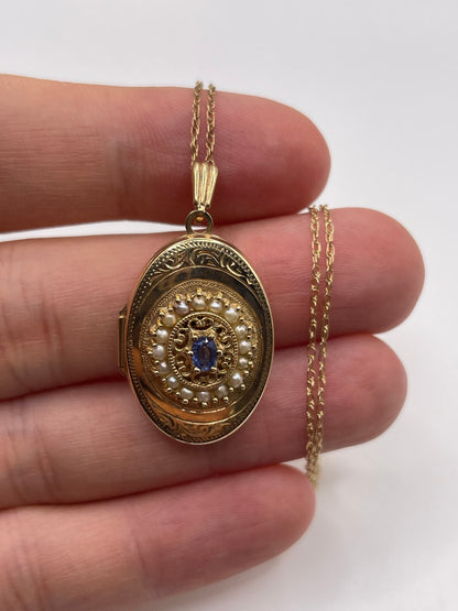 9ct gold sapphire and pearl locket necklace