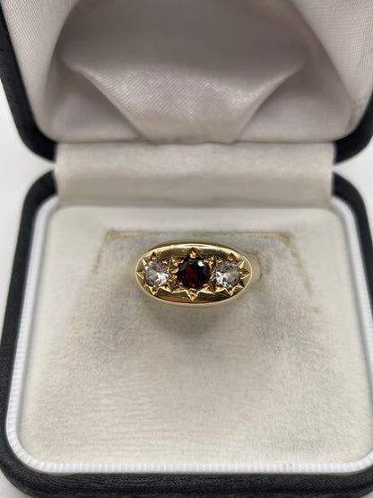 Heavy 9ct gold garnet and cz gypsy ring