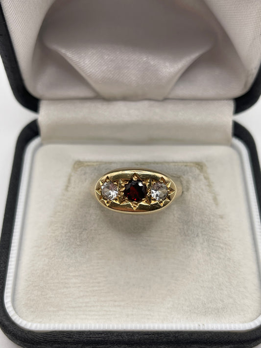 Heavy 9ct gold garnet and cz gypsy ring
