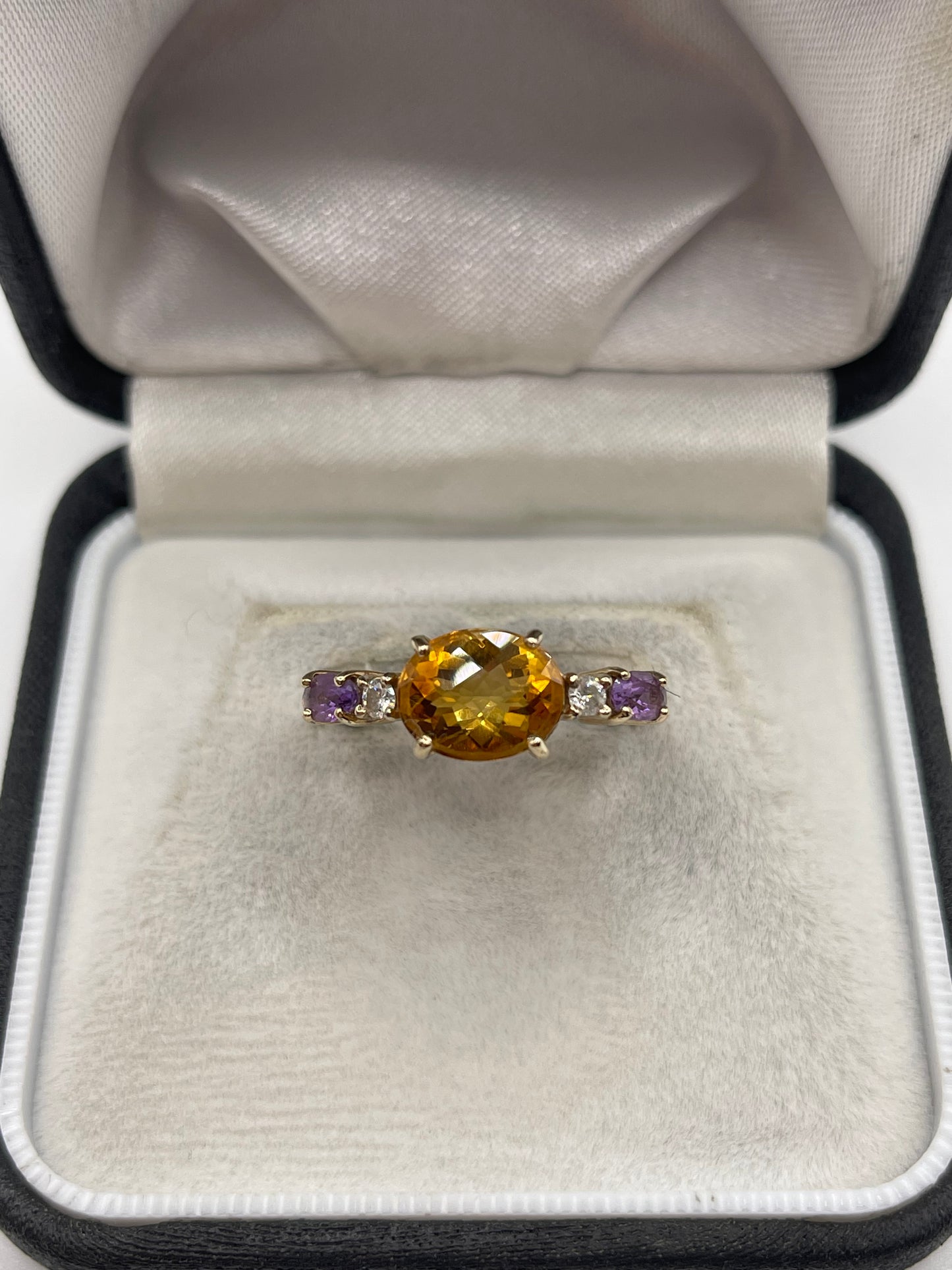 9ct gold citrine, amethyst and diamond ring