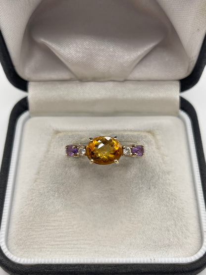 9ct gold citrine, amethyst and diamond ring