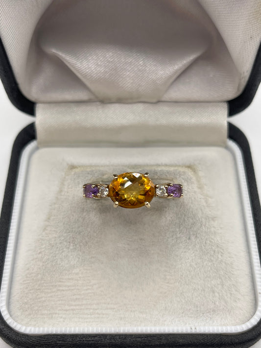 9ct gold citrine, amethyst and diamond ring