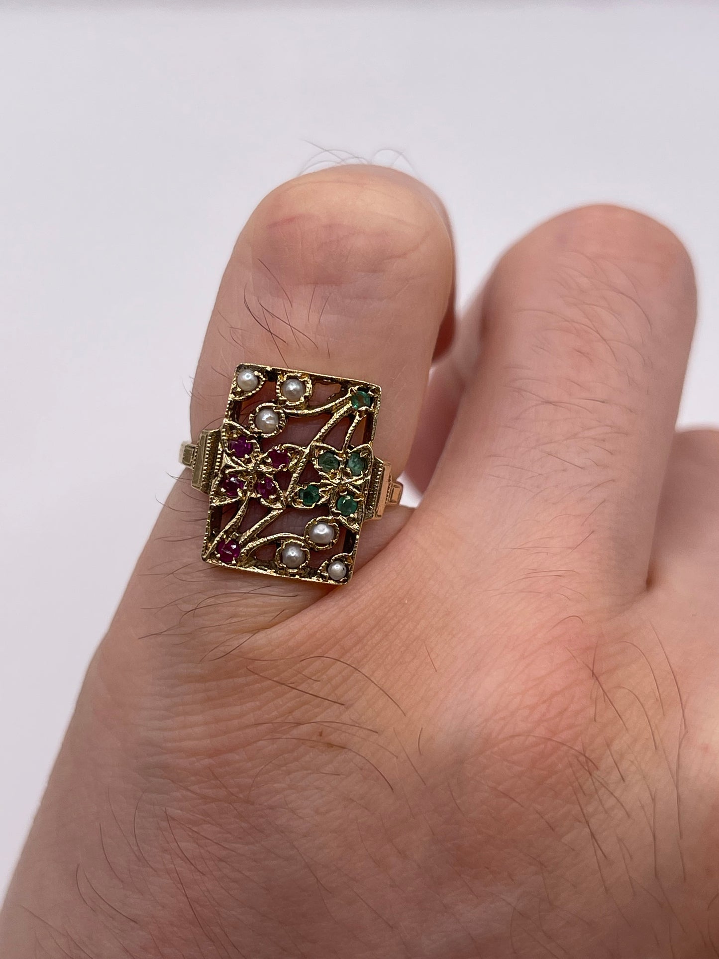 9ct gold ruby, emerald and pearl ring