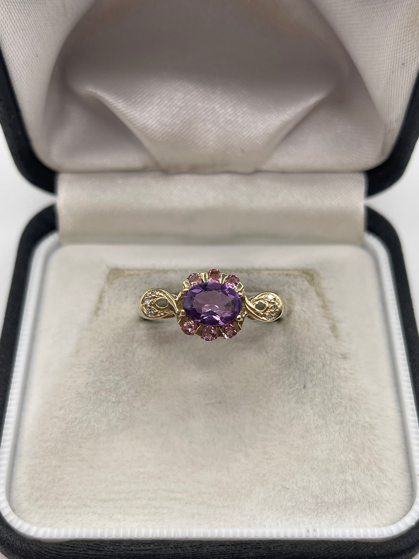 9ct gold amethyst, tourmaline and diamond ring