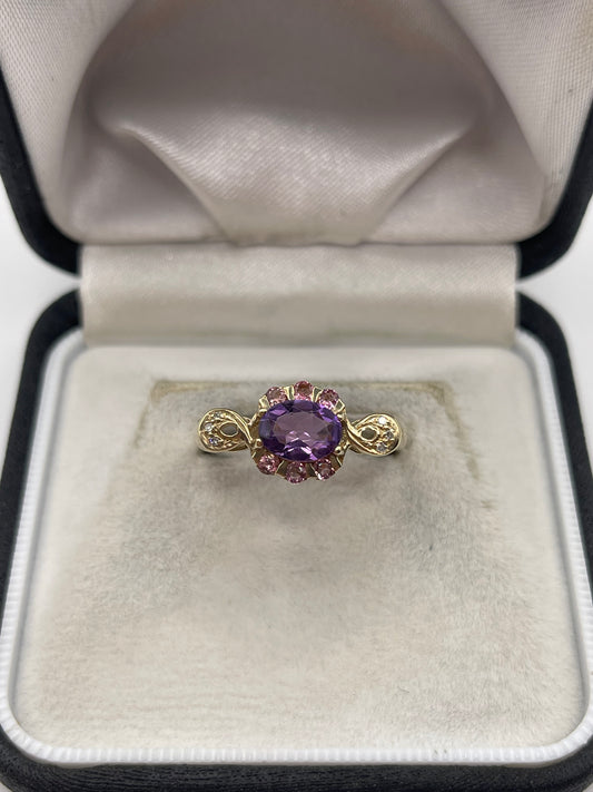 9ct gold amethyst, tourmaline and diamond ring