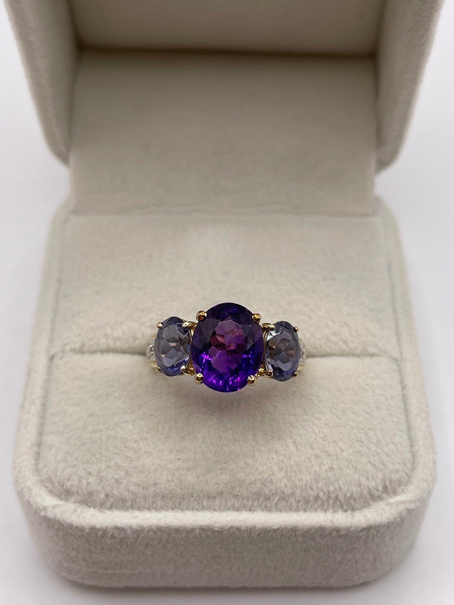 9ct gold amethyst, iolite and diamond ring