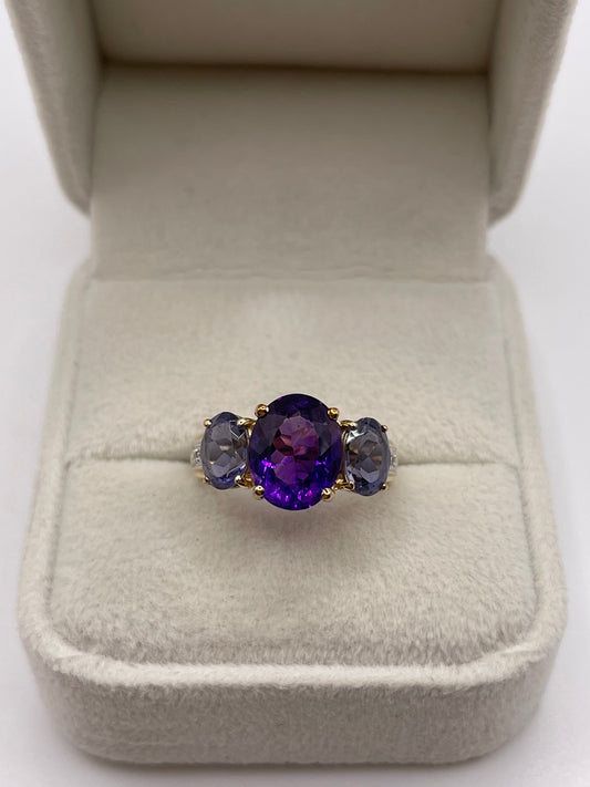9ct gold amethyst, iolite and diamond ring