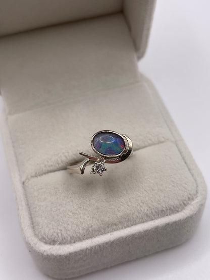 14ct white gold opal triplet and diamond ring