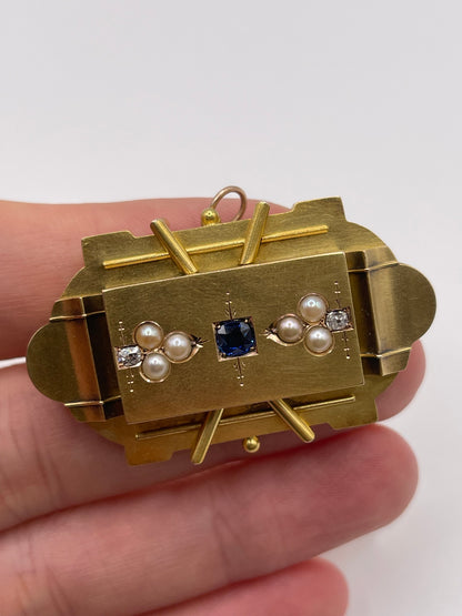 Antique 18ct gold sapphire, pearl and diamond brooch