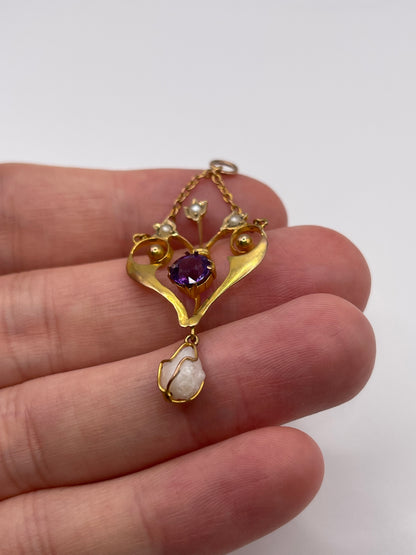 Antique 9ct gold amethyst and pearl pendant