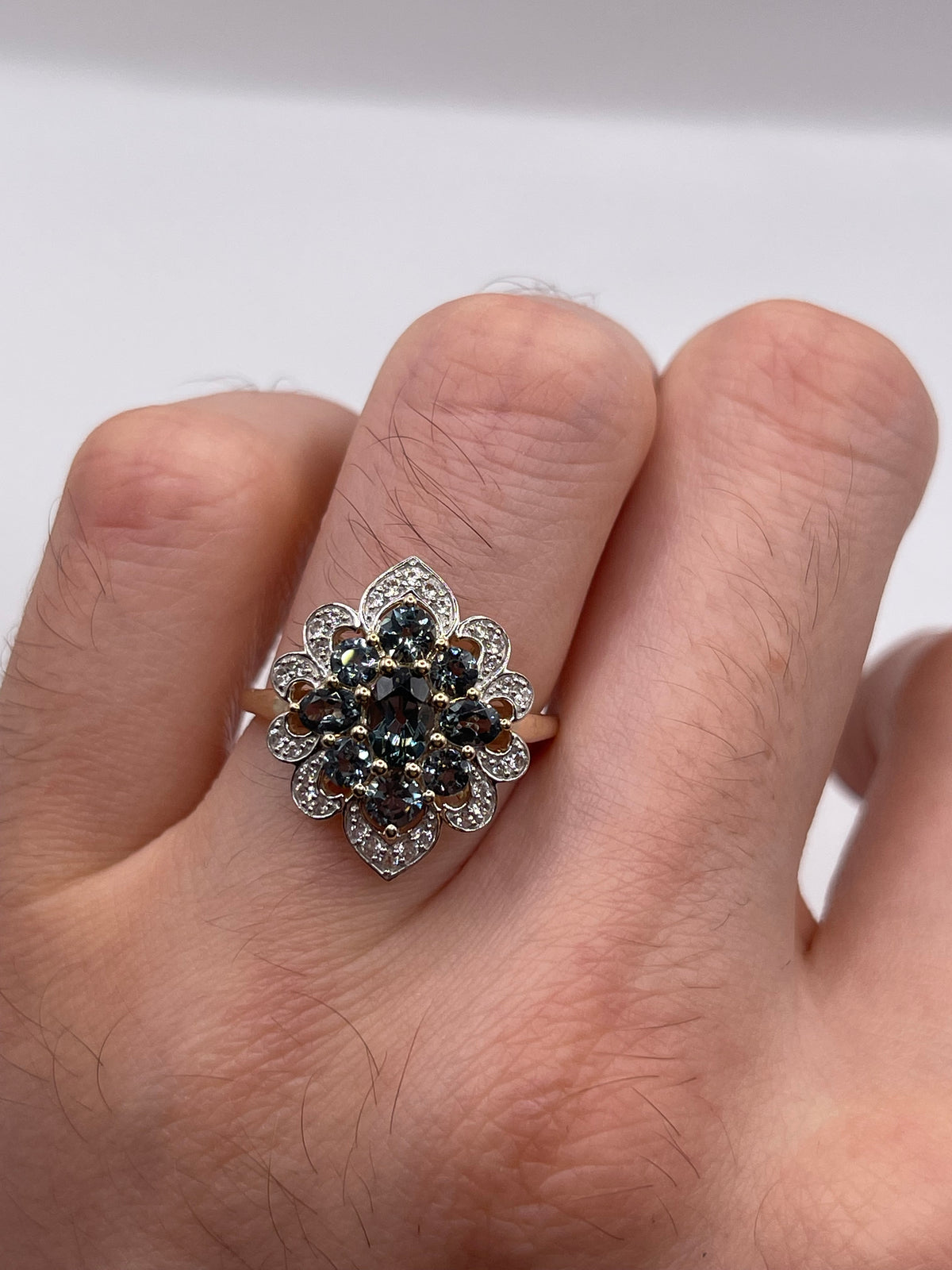 9ct gold colour change sapphire and zircon ring
