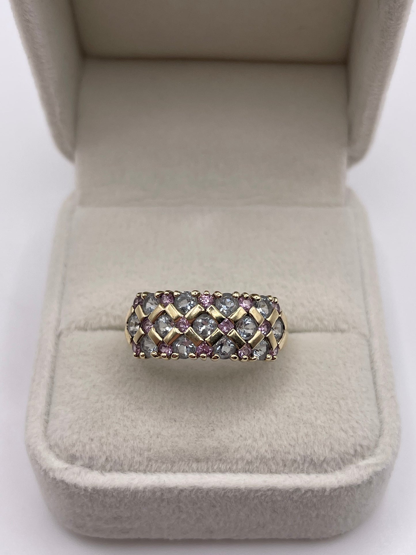 9ct gold aquamarine and pink topaz ring