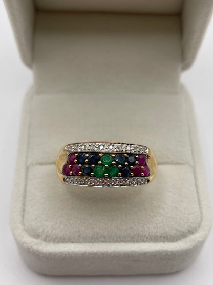 9ct gold emerald, sapphire, ruby and diamond ring