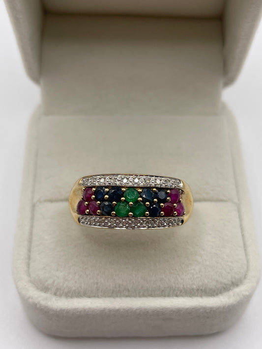 9ct gold emerald, sapphire, ruby and diamond ring