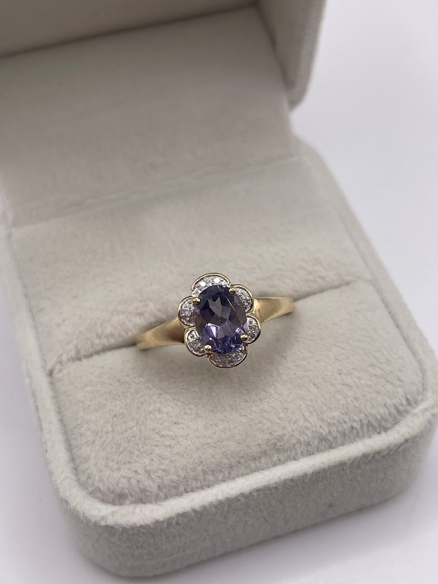 9ct gold iolite and diamond ring