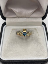 Load image into Gallery viewer, 9ct gold blue topaz claddagh ring
